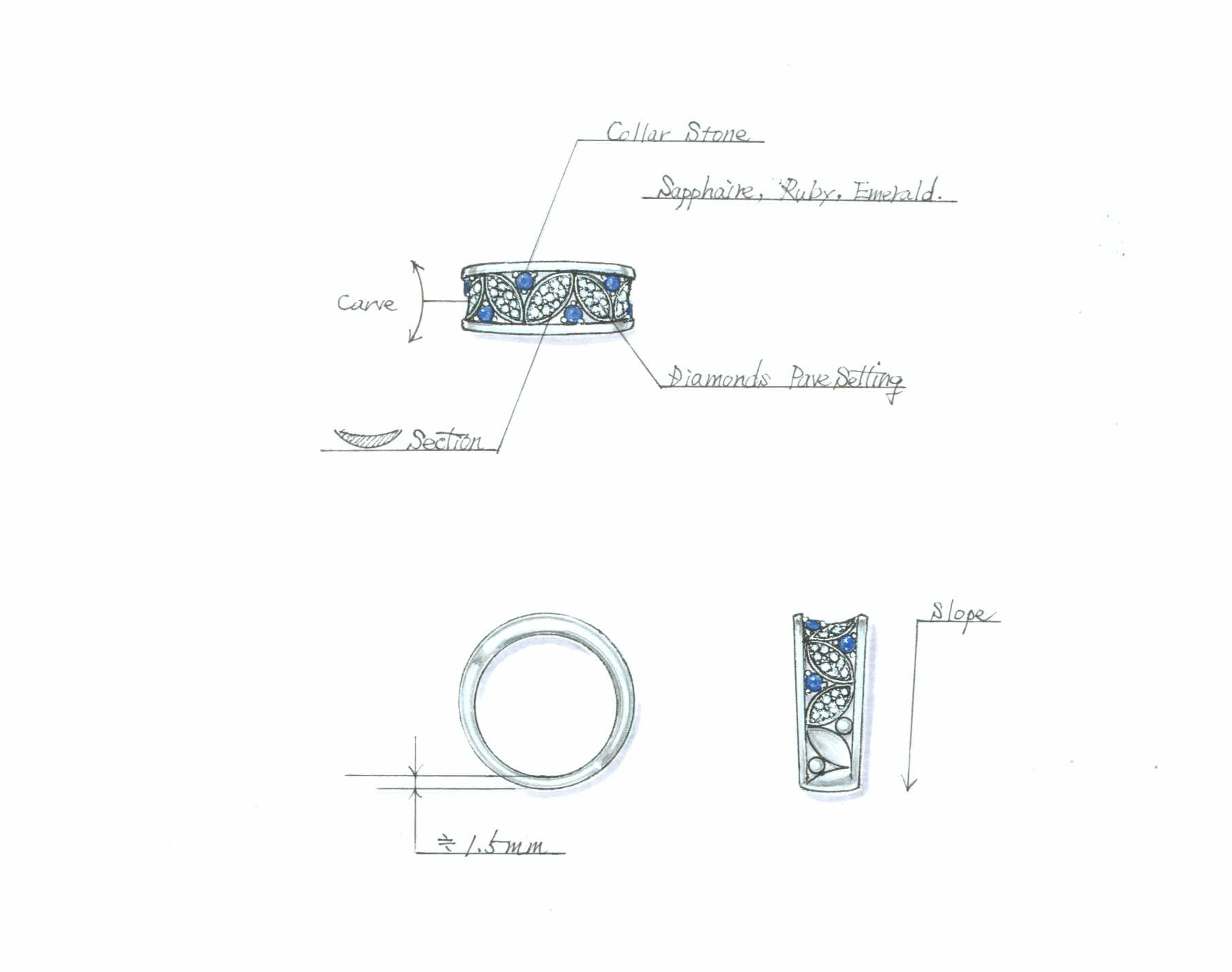 ユンヌピエールアンプリュスのオリジナルリング「Crown」を描いたデザイン画