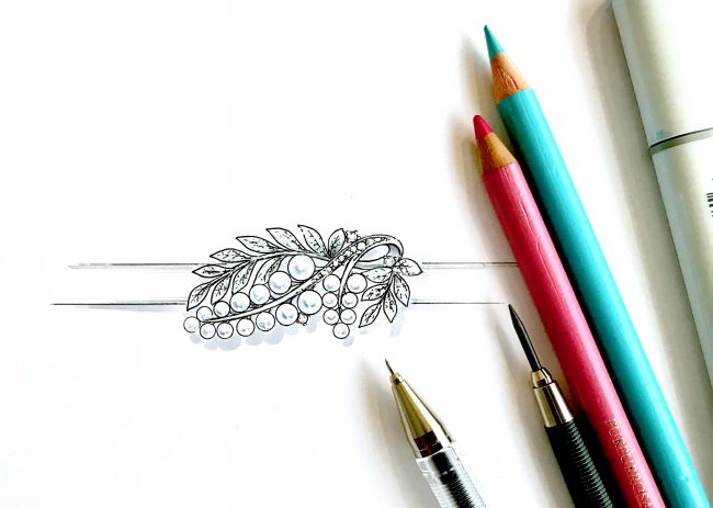 ユンヌピエールアンプリュスのジュエリーデザイナーが描いたパールを使って藤の花をイメージした帯留めのデザイン画