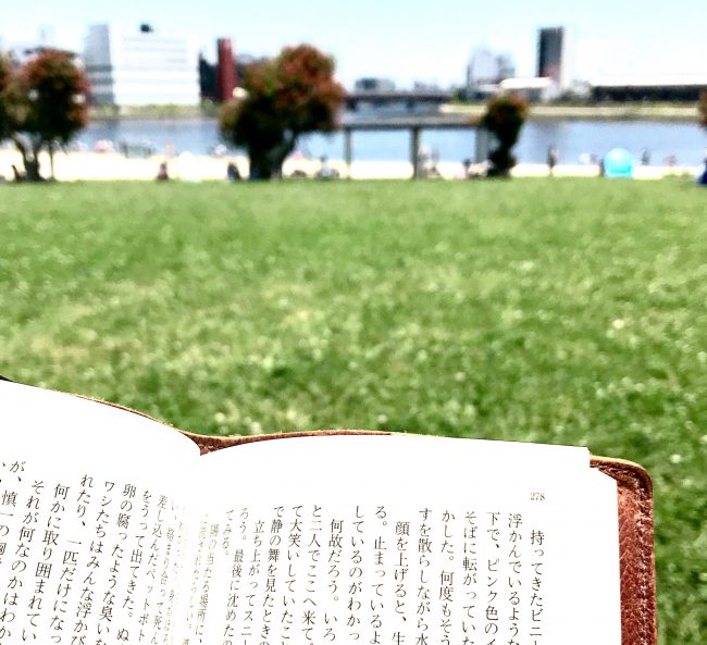 公園で本を読んでいるところの写真